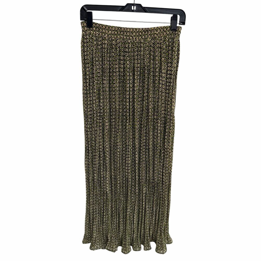 Vintage Central Falls Pull On Pleated Maxi Skirt Green Brown Geo Print Medium